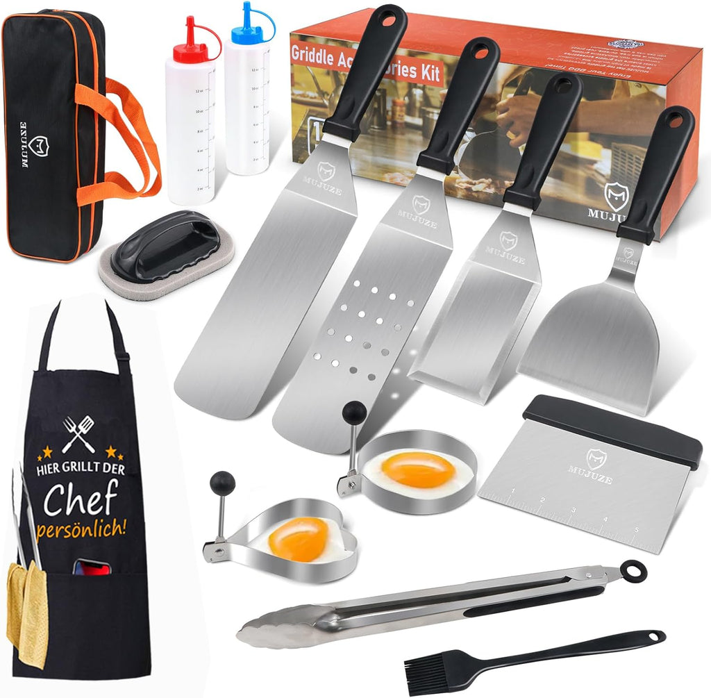 MUJUZE Stainless Steel Griddle Accessory Set, Gift Griddle Kit for Men and Dad, Professional Spatula for Barbecue Grill Teppanyaki and Camping