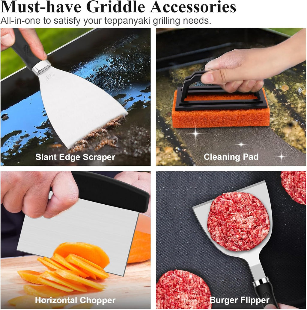 Grilliance Teppanyaki Grill Set of 27 Stainless Steel Barbecue Utensils, Hibachi Smasher Burger Gift Kit with Hamburger Press, Cooking Bell for Blackstone
