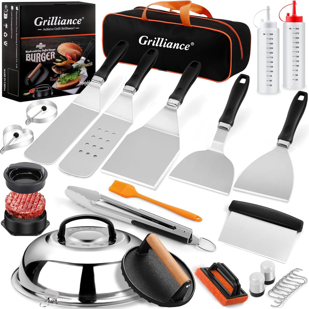 Grilliance Teppanyaki Grill Set of 27 Stainless Steel Barbecue Utensils, Hibachi Smasher Burger Gift Kit with Hamburger Press, Cooking Bell for Blackstone