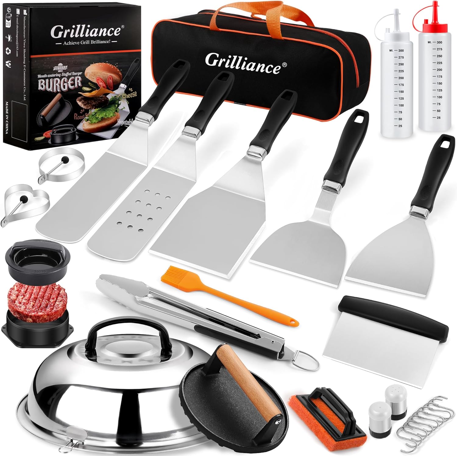Grilliance Teppanyaki Grill Set of 27 Stainless Steel Barbecue Utensils, Hibachi Smasher Burger Gift Kit with Hamburger Press, Cooking Bell for Blackstone